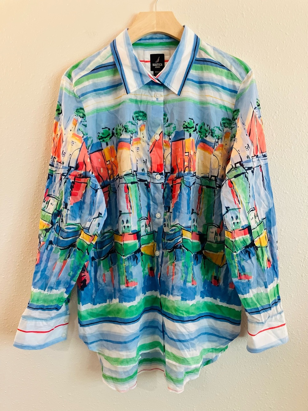 Nautica Collared Button Down Longsleeve Blouse Shirt Medium Watercolor Print